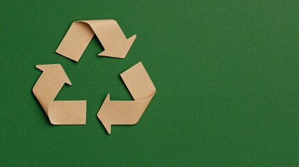 Photo of a recycling symbol made from brown paper on a green background, in a flat lay composition. Web banner with copy space on the right.