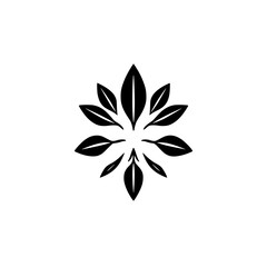Minimalist Black and White Floral Mandala Composition, symmetrical design of stylized leaves on a pure white background.
