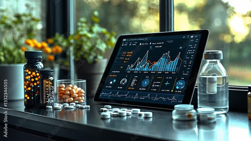 Poster health analytics setup with various supplement bottles and a digital device displaying data