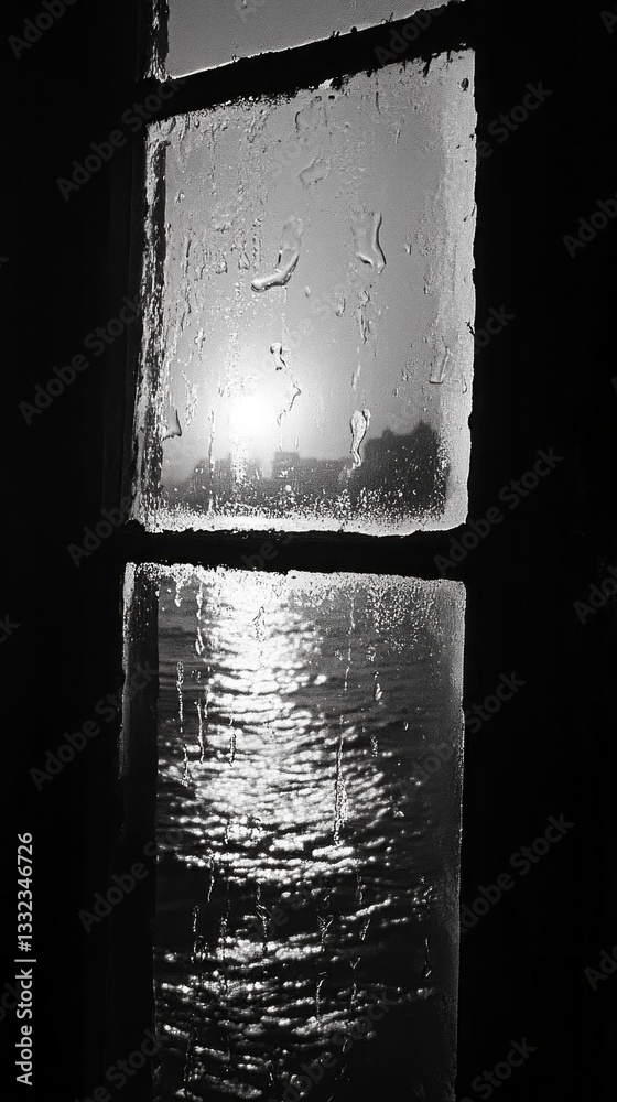 Leinwandbilder Raindrops trickle down a small window, creating a mesmerizing pattern as they catch the fading light of a sunset. Outside, gentle waves shimmer, complementing the tranquil mood of a rainy evening