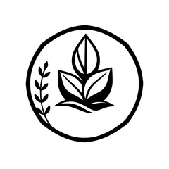 Monochromatic circular logo featuring stylized leaves and a branch, symbolizing nature, growth, and harmony.