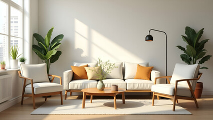 Modern Living Room Decor: Cozy Interior Design with Stylish Chairs, Sofa, and Charming Plant Pots - A Simple Flat Vector Illustration for Smart Business Spaces