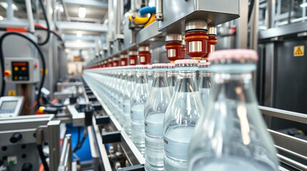 Mineral drink bottling line in plastic bottles in net light factory