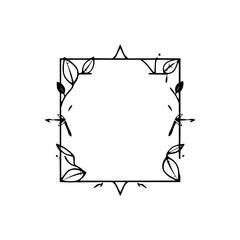 Minimalist Square Frame with Decorative Black Leaf and Vine Accents, Geometric, Elegant, Isolated on White.