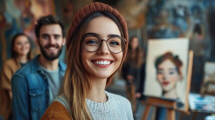 Young caucasian female artist smiling in studio with paintings and friends nearby