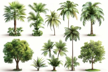 Fototapeta premium Collection of lush green tropical trees and plants, isolated on white background. Perfect for landscaping or design projects.