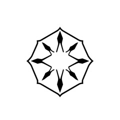 Geometric, symmetrical black and white design featuring an eight-pointed star with arrow-like shapes radiating outward from a central white space within a multifaceted frame.