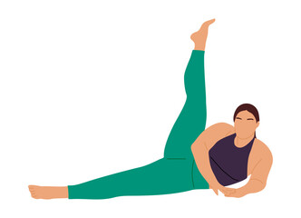 Plus size curvy girl doing sport exercise, yoga, fitness, pilates. Young fat woman in colorful sports wear. Body positive lifestyle concept. Vector flat illustration isolated 