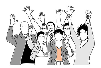 Business team members standing together with arms raised, celebrating success. Modern simple outline drawing for graphic and web design. Vector hand drawn illustration Isolated