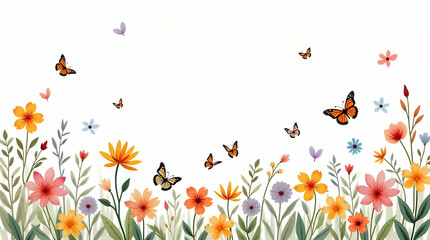 Lively Watercolor Garden Scene with Butterflies and Flowers Clipart - Perfect for Vibrant Nursery and Floral Designs | Cute Vector Illustration for Nature-Inspired Decor