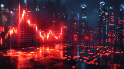 Futuristic Cityscape at Night with Red Stock Market Graph Overlay Digital Financial Investment Concept