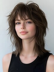 Young woman with a modern tousled shag haircut and retro-inspired style