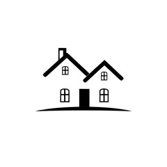 Minimalist Black and White Illustration of a Twin-Roofed House, Featuring Dormer Windows, Chimney, and Simple Landscape.