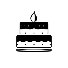 Minimalist black and white two-tiered birthday cake with a single flame-shaped candle, featuring dot decorations, isolated on a white background.