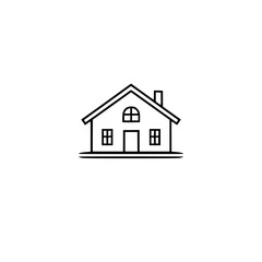 Simple, minimalist outline drawing of a house with gable roof, chimney, windows, and door, set against a stark white background.