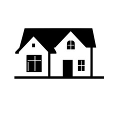 A clean, minimalist, high-contrast black and white architectural illustration of a two-story house with symmetrical windows and a dark roof.