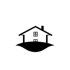 Simple Minimalist House Icon on a Curvy Hill Against a Bright White Background, Featuring Modern Design Elements
