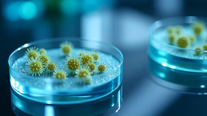 Closeup of petri dish with genetically engineered microorganisms in a stateofthe art biotech lab concept as Closeup view of petri dish with genetically engineered microorganisms in a state of the art 