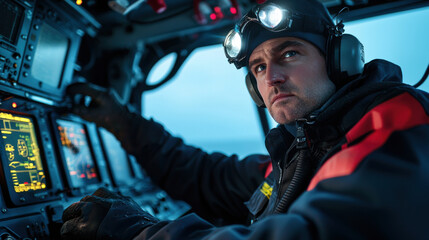 Submarine engineer operating complex controls with focus and precision