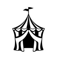 Classic Black and White Circus Tent, Simple Silhouette, Flags at the Top, Isolated on White Background, Vector Illustration, Icon.