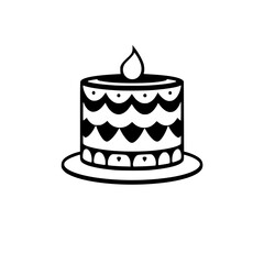 A simple, elegant black and white illustration of a birthday cake with a lit candle, adorned with scalloped and heart-shaped decorations, set against a clean white backdrop.