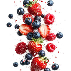 Fresh Strawberries Blueberries and Raspberries Falling Into Water Splash Isolated on Transparent Background
