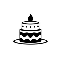 Minimalist Black and White Illustration of a Two-Tiered Cake with a Candle on a Plate, Suitable for Celebrations.