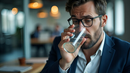 Businessman drinking from stress at workplace illustrating workplace stress and professional burnout in corporate environment. concept as Businessman drinking from stress at workplace illustrating wor