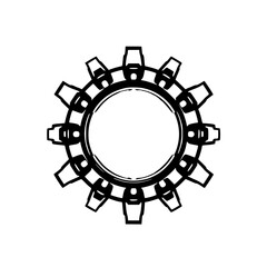 Isolated stylized cogwheel-like illustration with a central white circle and black/white contrast.