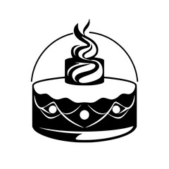 Elegant black and white cake illustration, featuring decorative frosting, a single candle with stylized flame, and a surrounding arch.