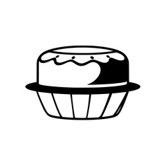 A minimalist, black and white, line-art illustration of a cupcake with decorative frosting. The cupcake sits in a paper cup.