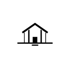 Minimalist Black and White Icon of a House with Simplified Architectural Features and Clean Lines on a White Background.