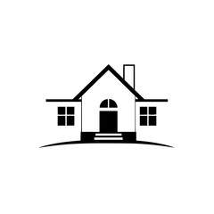 Minimalist black and white line art illustration of a house with a chimney, arched door, and windows on a simple ground line.