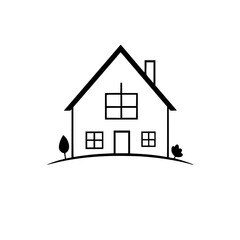 Minimalist Black and White House Illustration with Simple Geometric Design, Trees, and a Chimney on White Background.