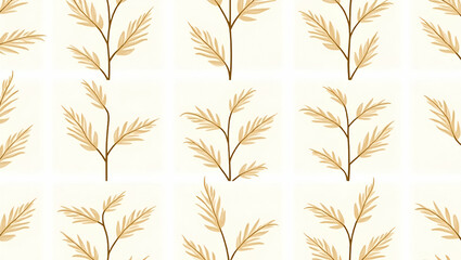 Vintage Bamboo Leaves Seamless Tile Pattern: Cozy Farmhouse Design with Warm Brown Accents on White Background - Perfect for Kitchen Decor and Photo Stock Concepts with Left Space