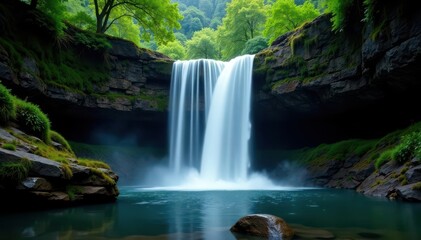 Fototapeta premium Isolated waterfall cascades down, black backdrop, studio, object