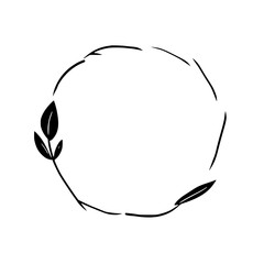 Minimalist Black and White Circular Wreath Design with Stylized Leaves, Suitable for Invitations and Decorative Purposes.