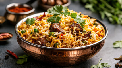 Mutton Biryani in a Traditional Copper Bowl with Aromatic Spices and Fresh Coriander, Flavorful Indian Delicacy
