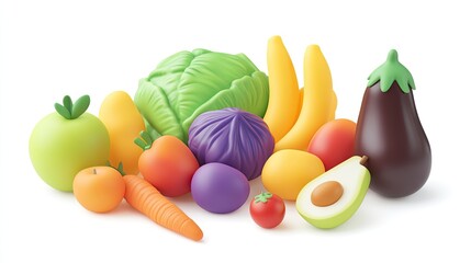 A vibrant arrangement of colorful fruits and vegetables, ranging from green to red, including apples, bananas, carrots, tomatoes, peaches, cabbages, eggplants, pears, oranges, and avocados. Photoreali