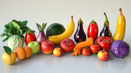 A vibrant arrangement of colorful fruits and vegetables, ranging from green to red, including apples, bananas, carrots, tomatoes, peaches, cabbages, eggplants, pears, oranges, and avocados. Photoreali