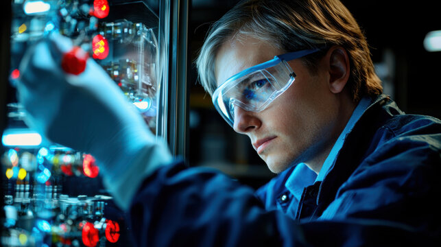 Engineer working on gas equipment, focused and precise in lab environment. Safety goggles enhance attention to detail