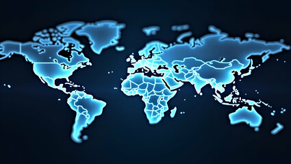 Futuristic Flat Map of Earth: Global Social Network Concept with Blue Vector Background, Showcasing Technology and Sunrise Transition from East in a Cute Illustration