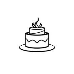 Black and white minimalist line art illustration of a two-tiered cake with leaf-like decoration, on a plate, set against a white backdrop.