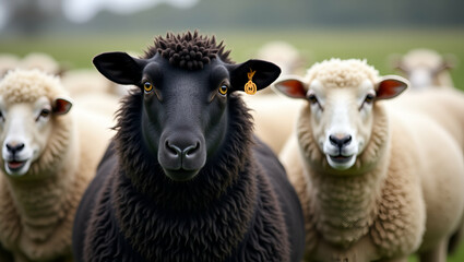 Fototapeta premium Black Sheep Standing Out in a Flock of White Sheep: Captivating Photo Stock Concept with Prominent Black Sheep in Pasture and Ample Empty Space on the Left for Creative Use