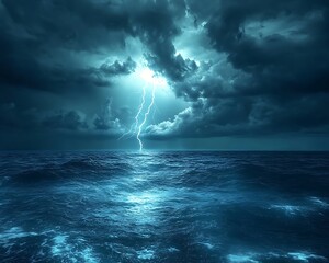 Powerful lightning illuminates stormy ocean water beneath dark imposing clouds