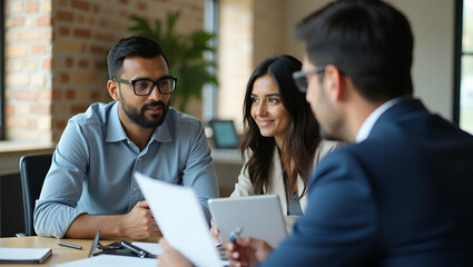 Indian male HR specialist manager listens to female Latin candidate during job interview consulting client at office meeting focusing on hiring employment human resources recruitment concept concept a