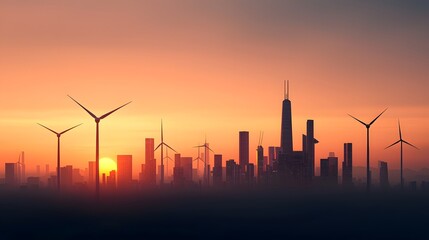 Fototapeta premium A futuristic skyline of towering skyscrapers and renewable energy infrastructure including massive wind turbines and solar farms silhouetted against a vibrant orange and red sunset sky