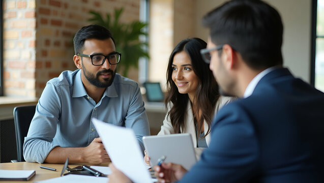 Indian male HR specialist manager listens to female Latin candidate during job interview consulting client at office meeting focusing on hiring employment human resources recruitment concept concept a - Powered by Adobe