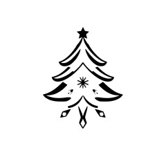 Minimalist Black and White Christmas Tree Illustration with Star Topper, Snowflake Center, and Geometric Embellishments on White Backdrop.