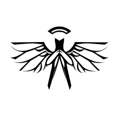 A stylized black and white graphic emblem depicting a symmetrical avian-like figure with spread wings and a halo, on a pristine white background.